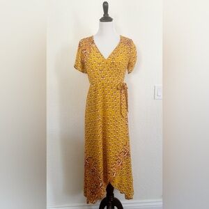 Yellow Flutter Sleeve Wrap Midi Dress